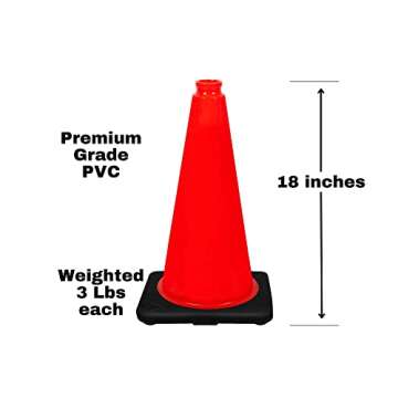 (6 Cones) CJ Safety 18" Height PVC Traffic Safety Cones With Black Base - No Reflective Collars (Set...