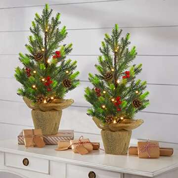 Juegoal 2 Pack Artificial Mini Christmas Trees, 24 Inch Lighted Tabletop Xmas Pine Tree with Lights,...