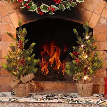 Juegoal 2 Pack Artificial Mini Christmas Trees, 24 Inch Lighted Tabletop Xmas Pine Tree with Lights, Small Light Up Battery Operated Spruce Tree with Burlap Base for Holiday Winter Home Party Decor