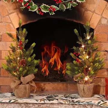 Juegoal 2 Pack Artificial Mini Christmas Trees, 24 Inch Lighted Tabletop Xmas Pine Tree with Lights, Small Light Up Battery Operated Spruce Tree with Burlap Base for Holiday Winter Home Party Decor