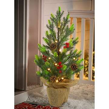 Juegoal 2 Pack Artificial Mini Christmas Trees, 24 Inch Lighted Tabletop Xmas Pine Tree with Lights, Small Light Up Battery Operated Spruce Tree with Burlap Base for Holiday Winter Home Party Decor