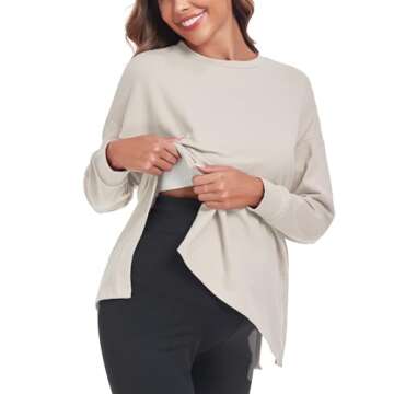 Ecavus Women's Casual Maternity Shirts Long Sleeve Soft and Comfy Pregnancy Tee Tops Side Split Maternity Clothes Apricot