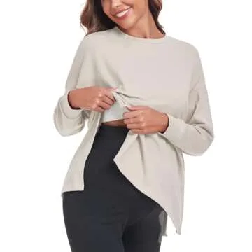 Ecavus Women's Casual Maternity Shirts Long Sleeve Soft and Comfy Pregnancy Tee Tops Side Split Maternity Clothes Apricot