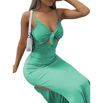 LYANER Women's Tie Knot Cut Out Side Split Hem Sleeveless Knit Bodycon Maxi Dress Green Small