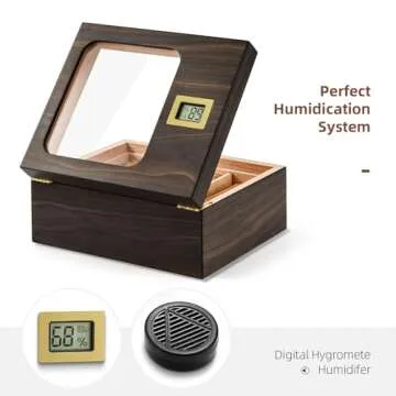 Cigar Humidor, Modern Glass Top Cedar Humidor Cigar Box with Digital Hygrometer, Humidifier, Cedar Wood Tray and Divider, Cigar Case Holds 25-50 Cigars, Cigar Accessories for Men
