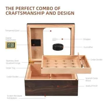 Cigar Humidor, Modern Glass Top Cedar Humidor Cigar Box with Digital Hygrometer, Humidifier, Cedar Wood Tray and Divider, Cigar Case Holds 25-50 Cigars, Cigar Accessories for Men