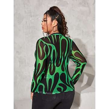 Floerns Women's Plus Size Leopard Print Mock Neck Mesh Long Sleeve Tee Shirt Top Green Black 3XL