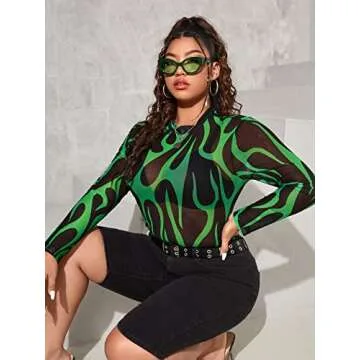Floerns Women's Plus Size Leopard Print Mock Neck Mesh Long Sleeve Tee Shirt Top Green Black 3XL
