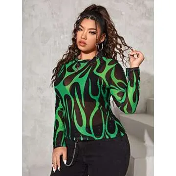 Floerns Women's Plus Size Leopard Print Mock Neck Mesh Long Sleeve Tee Shirt Top Green Black 3XL