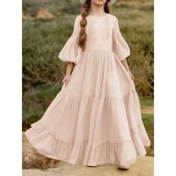 Girls Boho Dresses 3/4 Sleeve V-Back Lace Flower Crew Neck Tiered Ruffle Swing Party Maxi Dress