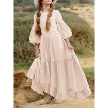 Girls Boho Dresses 3/4 Sleeve V-Back Lace Flower Crew Neck Tiered Ruffle Swing Party Maxi Dress