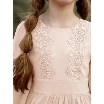 Girls Boho Dresses 3/4 Sleeve V-Back Lace Flower Crew Neck Tiered Ruffle Swing Party Maxi Dress