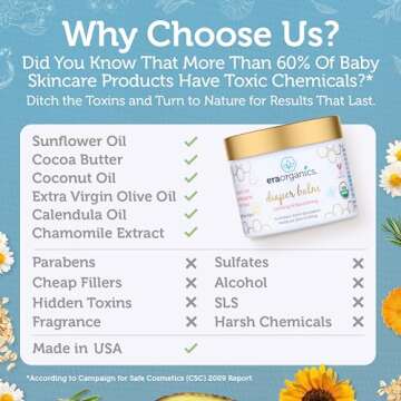 Era Organics Baby Diaper Balm - USDA Organic Ointment Cream Extra Soothing and Nourishing for Dry, Sensitive Skin - All Natural to Help Excess Moisture, Rash or Chafing