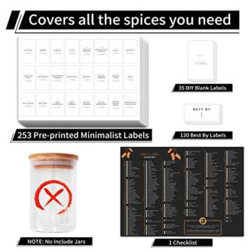 DazSpirit 408 Minimalist Spice Jar Labels, 253 Preprinted + 120 Expiration Date + 35 Blank Labels, W...