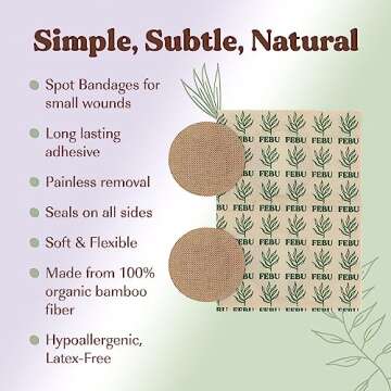 FEBU Eco-Friendly Organic Bamboo Fabric Bandages | PFAS Free Bandages for Scrapes & Cuts | Flexible Fabric Bandage | Latex Free Bandages | Fully Compostable | Spot Bandage 50 Count Pack