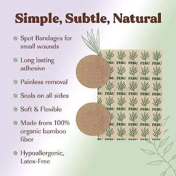 FEBU Eco-Friendly Organic Bamboo Fabric Bandages | PFAS Free Bandages for Scrapes & Cuts | Flexible Fabric Bandage | Latex Free Bandages | Fully Compostable | Spot Bandage 50 Count Pack