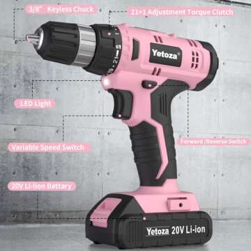 Yetoza Cordless Drill Set, 20V Lithium Ion Power Drill with Battery and Charger, Electric Driver/Drill Kit, 3/8-Inch Keyless Chuck, Variable Speed, 22 Position and 60 Drill Bits and Sockets (Pink)