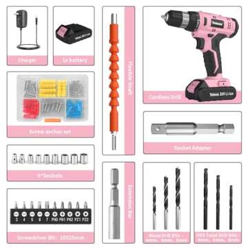 Yetoza Cordless Drill Set, 20V Lithium Ion Power Drill with Battery and Charger, Electric Driver/Drill Kit, 3/8-Inch Keyless Chuck, Variable Speed, 22 Position and 60 Drill Bits and Sockets (Pink)