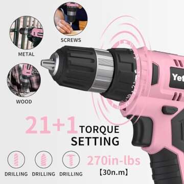 Yetoza Cordless Drill Set, 20V Lithium Ion Power Drill with Battery and Charger, Electric Driver/Drill Kit, 3/8-Inch Keyless Chuck, Variable Speed, 22 Position and 60 Drill Bits and Sockets (Pink)
