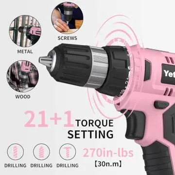 Yetoza Cordless Drill Set, 20V Lithium Ion Power Drill with Battery and Charger, Electric Driver/Drill Kit, 3/8-Inch Keyless Chuck, Variable Speed, 22 Position and 60 Drill Bits and Sockets (Pink)