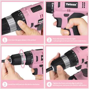 Yetoza Cordless Drill Set, 20V Lithium Ion Power Drill with Battery and Charger, Electric Driver/Drill Kit, 3/8-Inch Keyless Chuck, Variable Speed, 22 Position and 60 Drill Bits and Sockets (Pink)