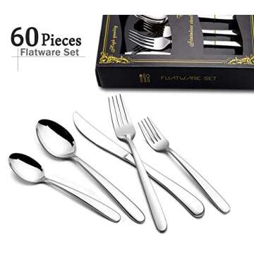 60-Piece Heavy Duty Silverware Set, HaWare Stainless Steel Solid Flatware Cutlery for 12, Modern & E...