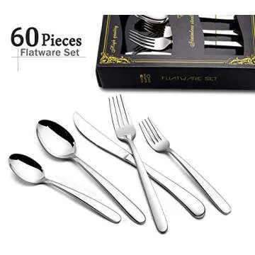60-Piece Heavy Duty Silverware Set, HaWare Stainless Steel Solid Flatware Cutlery for 12, Modern & E...
