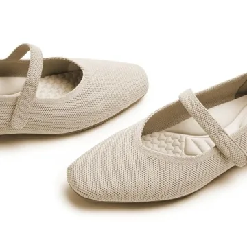Cusolemore Mary Jane Flat Shoes for Women with Arch Support and Concealed Low Wedge Heel, Nude Flats for Women,Square Toe Ballet Flats, Comfortable Dress Shoe with Adjustable Straps Size 9