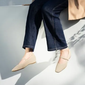 Cusolemore Mary Jane Flat Shoes for Women with Arch Support and Concealed Low Wedge Heel, Nude Flats for Women,Square Toe Ballet Flats, Comfortable Dress Shoe with Adjustable Straps Size 9