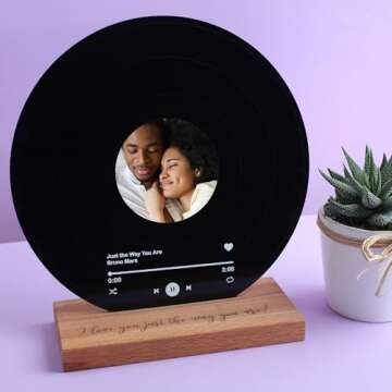 bonibom Personalized Vinyl Record with Photo - Custom Acrylic Song Plaque - Unique Gifts for Anniversary, Wedding, Birthday, Valentine’s Day - Decorative Music Home Decor for Couples PLQ0028 (Black)