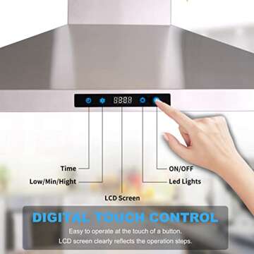 Tieasy Range Hood 30 inch, Wall Mount Stove Hood in Stainless Steel with 3 Suction Speeds, Ducted/Ductless Convertible Duct, 5-Layer Aluminum Filters, Touch Control, 2 LED Lights Vent Hood
