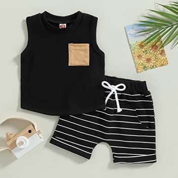 Karesoull Summer Toddler Baby Boy Clothes Set Sleeveless Outfits Pocket Tank Tops Striped Shorts 2PCS