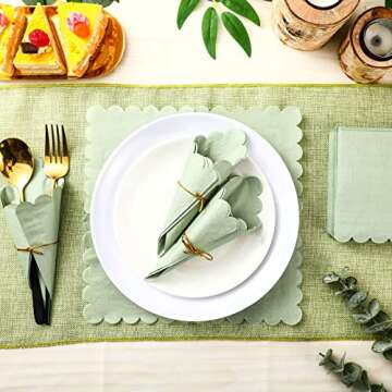 Scalloped Cocktail Napkins Thick Paper, Disposable Party Beverage Napkins for Wedding Dinner Birthday Supplies, 5 x 5 Inch (sage, 100 Pcs)