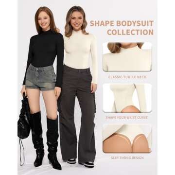 MANGOPOP Long Sleeve Bodysuit Mock Turtleneck for Women Thong Body Suits Cotton Tight Going Out Tops Creamy White XS