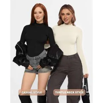 MANGOPOP Long Sleeve Bodysuit Mock Turtleneck for Women Thong Body Suits Cotton Tight Going Out Tops Creamy White XS