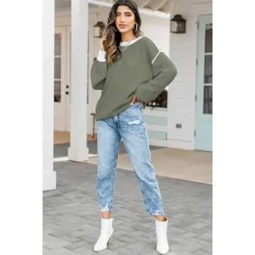 Fall Clothes for Women 2025 Trendy Fashion Oversized Sweaters Color Block Long Sleeve Knited Pullover Tops Winter Outfits,Green,Medium