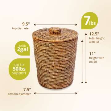 Stylish KOUBOO La Jolla Rattan Waste Basket With Lid