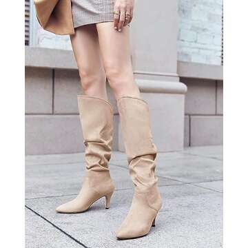 Womens Slouchy Knee High Boots Wide Calf Kitten Heel Pointed Toe Pull On Long Boots Winter Shoes Nude