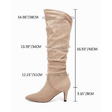 Womens Slouchy Knee High Boots Wide Calf Kitten Heel Pointed Toe Pull On Long Boots Winter Shoes Nude