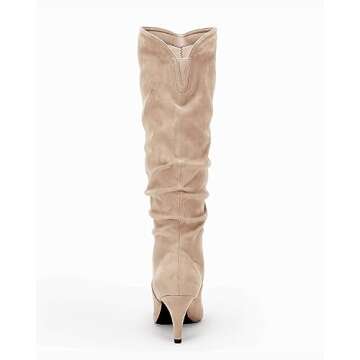 Womens Slouchy Knee High Boots Wide Calf Kitten Heel Pointed Toe Pull On Long Boots Winter Shoes Nude