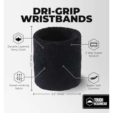 Tough Headwear Sports Wristbands - Arm Bands, Wrist Sweat Bands - One Size - Black - Cotton Blend - Unisex - For Athletes