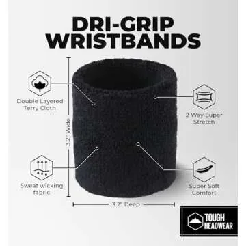 Tough Headwear Sports Wristbands - Arm Bands, Wrist Sweat Bands - One Size - Black - Cotton Blend - Unisex - For Athletes