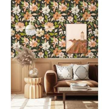 HAOKHOME Vintage Wallpaper Peel and Stick Floral Removable Boho Wall Paper for Bathroom Textured Con...