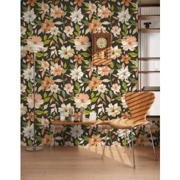 HAOKHOME Vintage Wallpaper Peel and Stick Floral Removable Boho Wall Paper for Bathroom Textured Contact Paper 17.7in x 9.8ft