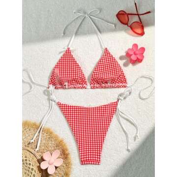 BEAUDRM Women's Gingham High-Waisted Bikini Set – Red & White