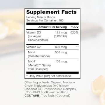 Vegan D3 + K2 Organic 100% Liposomal | 180 Servings | Maximum Absorption Vitamin D3 and Vitamin K2 S...