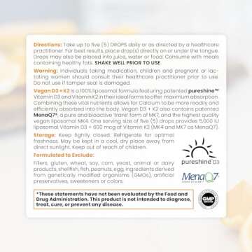 Vegan D3 + K2 Organic 100% Liposomal | 180 Servings | Maximum Absorption Vitamin D3 and Vitamin K2 Supplements for Men and Women, D3 Vitamin 5000 IU, Liquid Vitamin D3 with K2 - 20 mL Bottle