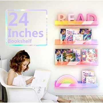 RORKIM 24 inches Iridescent Acrylic Bookshelf for Kids, Wall Mounted Kids Display Book Shelves for Kids Room Nursery Toddler Classroom (2 Packs)