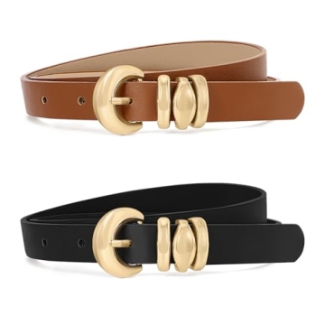 XZQTIVE 2 Pack Women’s Skinny Leather Belts with Gold Buckle