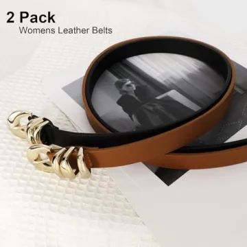 XZQTIVE 2 Pack Women’s Skinny Leather Belts with Gold Buckle